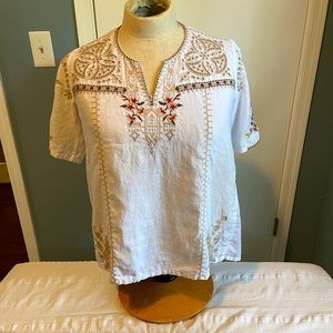 Johnny Was Linen Blouse, embroidered, short sleeve, medium